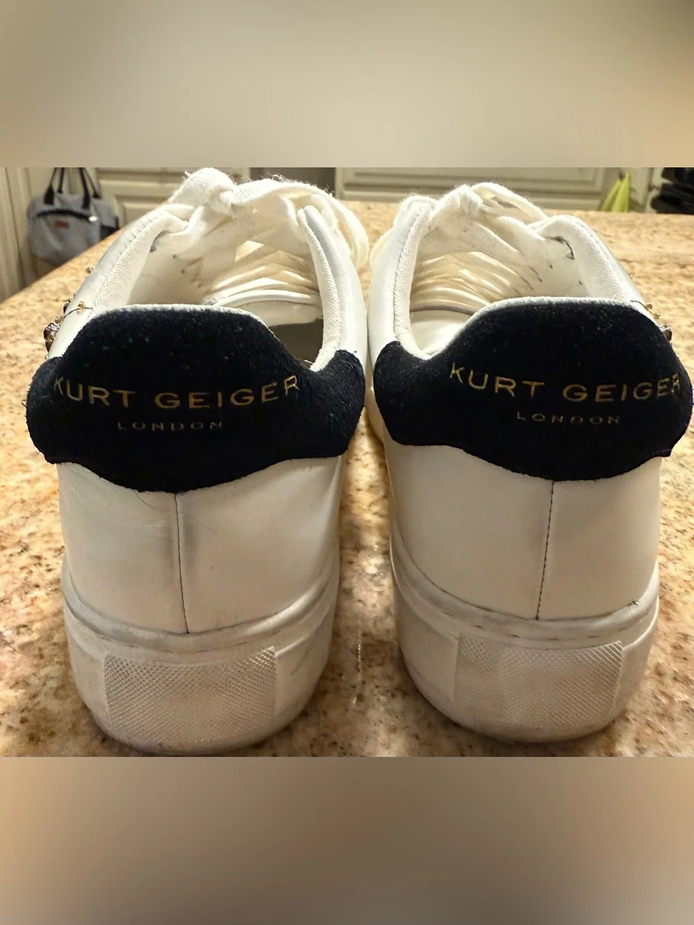Kurt Geiger White Leather Platform Sneaker with Beaded Eye Motif